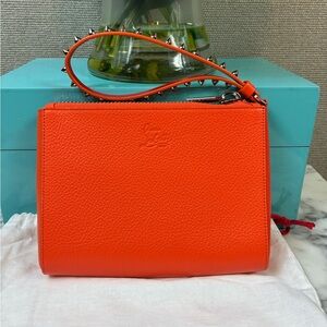 Christian Louboutin Orange Leather Cabata Wristlet Pouch - NWT Retail $750